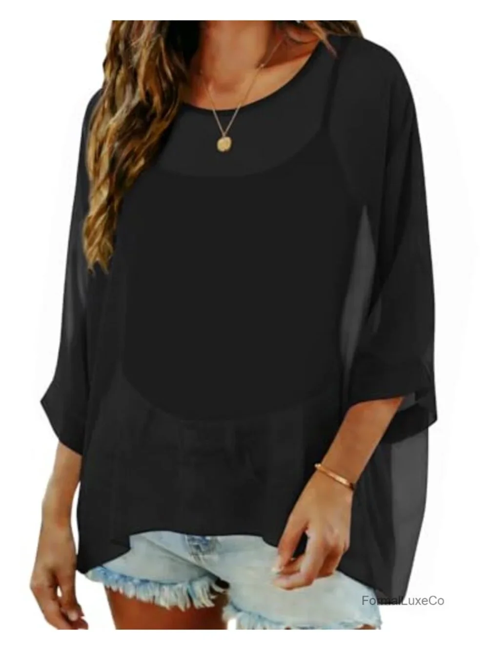 Womens Chiffon Poncho Tops Batwing Sleeve Beach Cover Up Loose Fit Summer